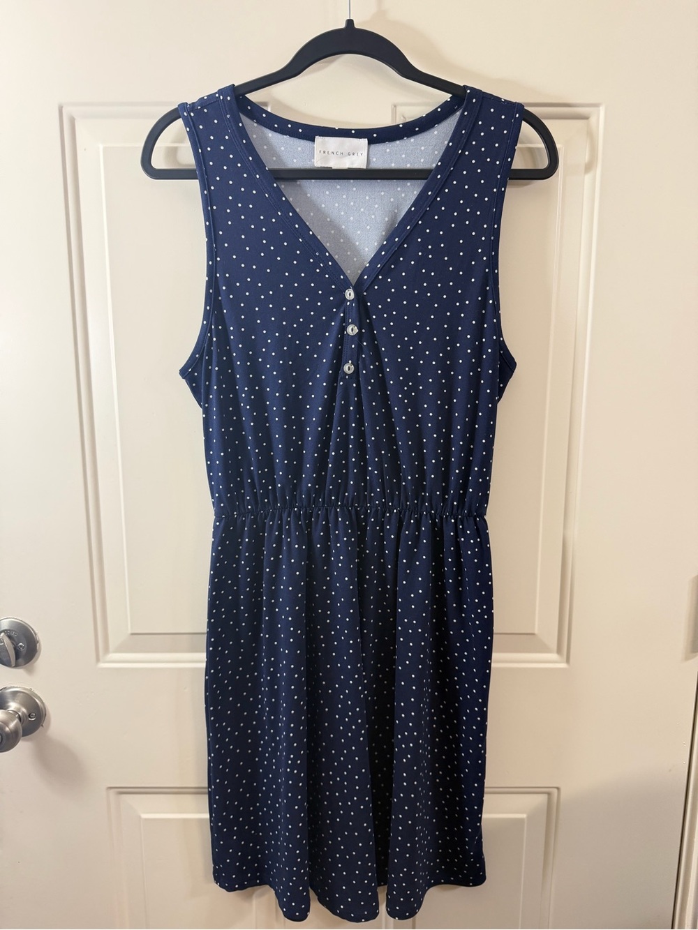 French Grey Navy Polka Dot Sleeveless Dress Women’s Medium Casual Midi 0355